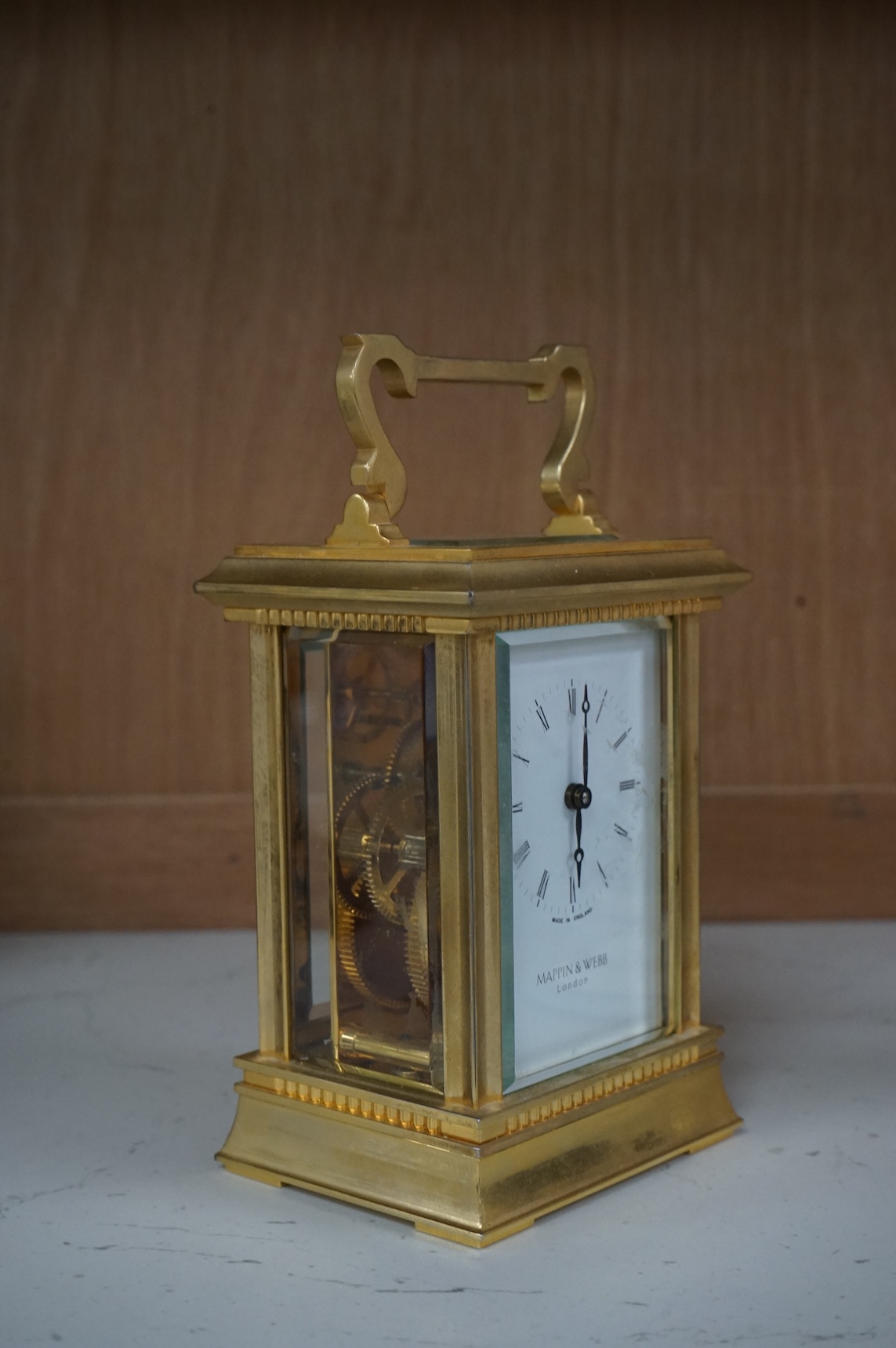 A Mappin and Webb, gilt brass carriage timepiece, 13cm high.